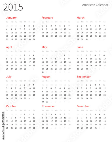 American calendar 2015 year. Week starts from Sunday.