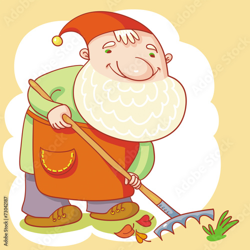 Vector Illustration With Gnome And Garden Rakes.