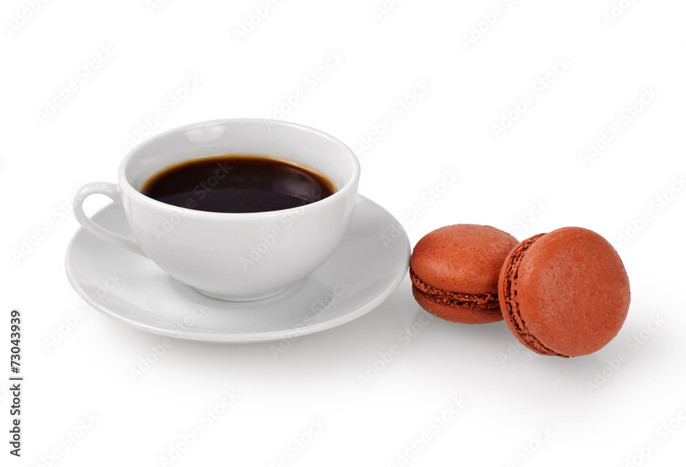 Cup of coffee and macarons isolated on white background Cup of coffee and macarons isolated on white background