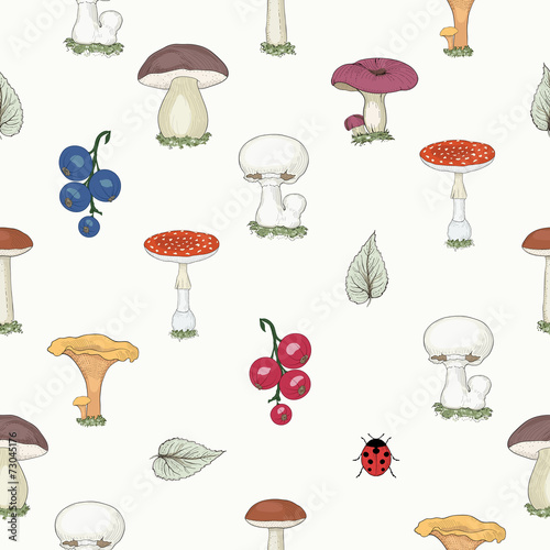 hand drawn forest mushrooms seamless pattern