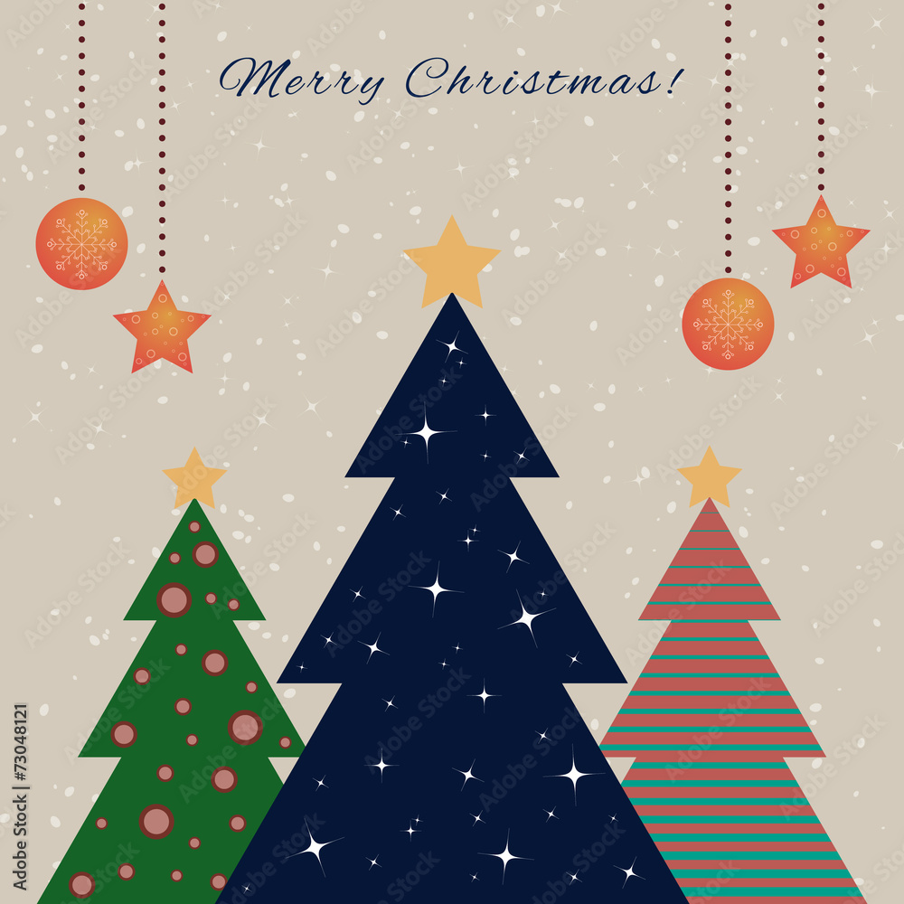 Christmas card with decorated fir trees