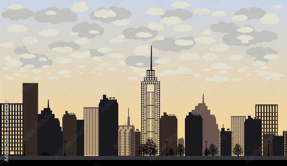 illustration of big city and skyscrapers with clouds