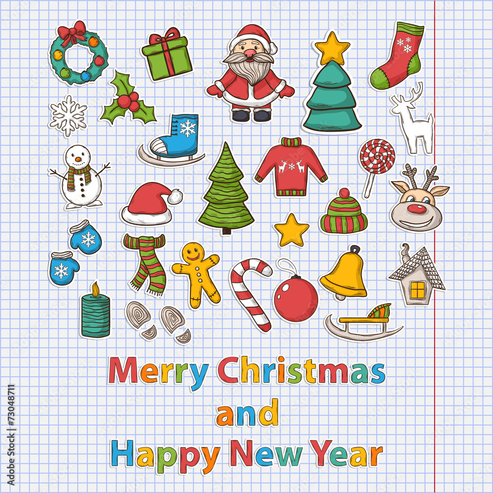 Vector Happy New Year and Merry Christmas set