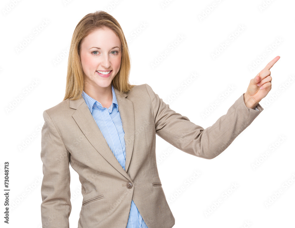 Caucasian Businesswoman finger point up Caucasian Businesswoman finger point up