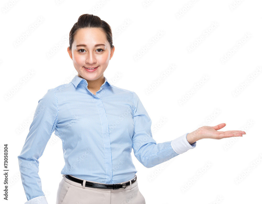 Businesswoman with open hand palm Businesswoman with open hand palm
