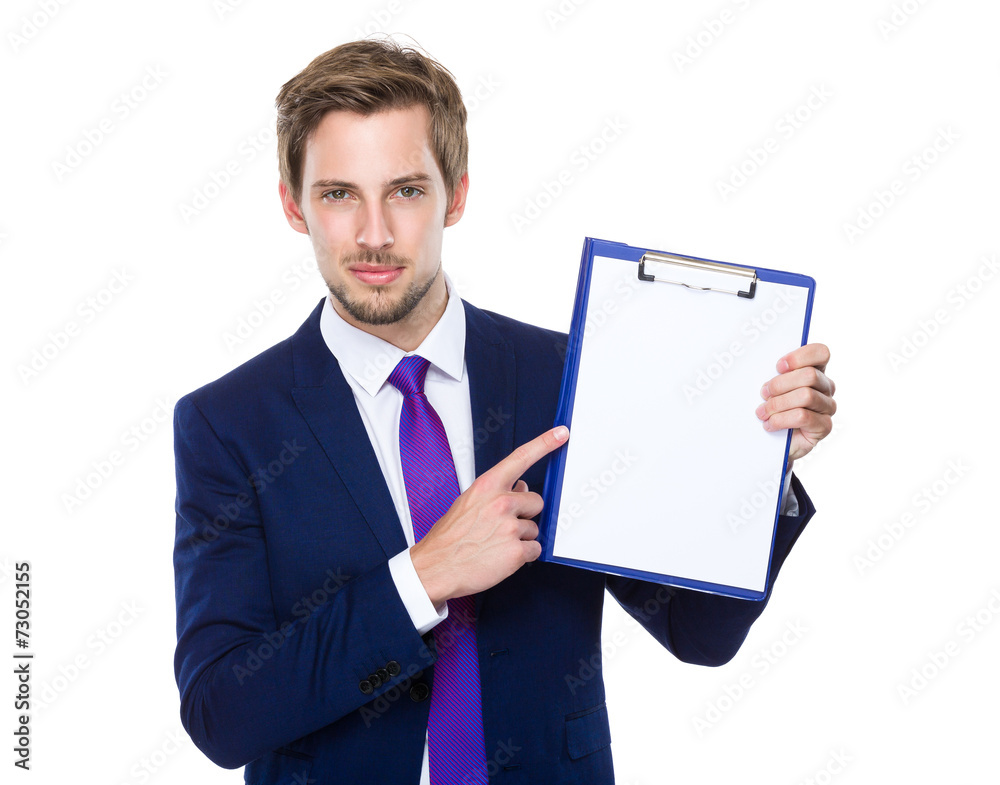 Businessman with finger point to clipboard Businessman with finger point to clipboard