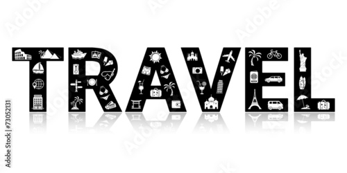 Travel and Landmarks icons on letters TRAVEL