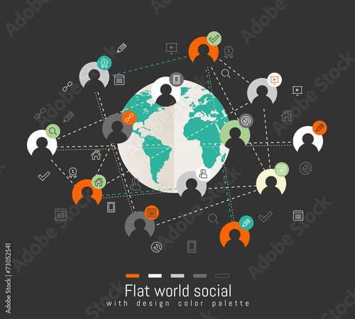 Flat design concept with world map and social network concept