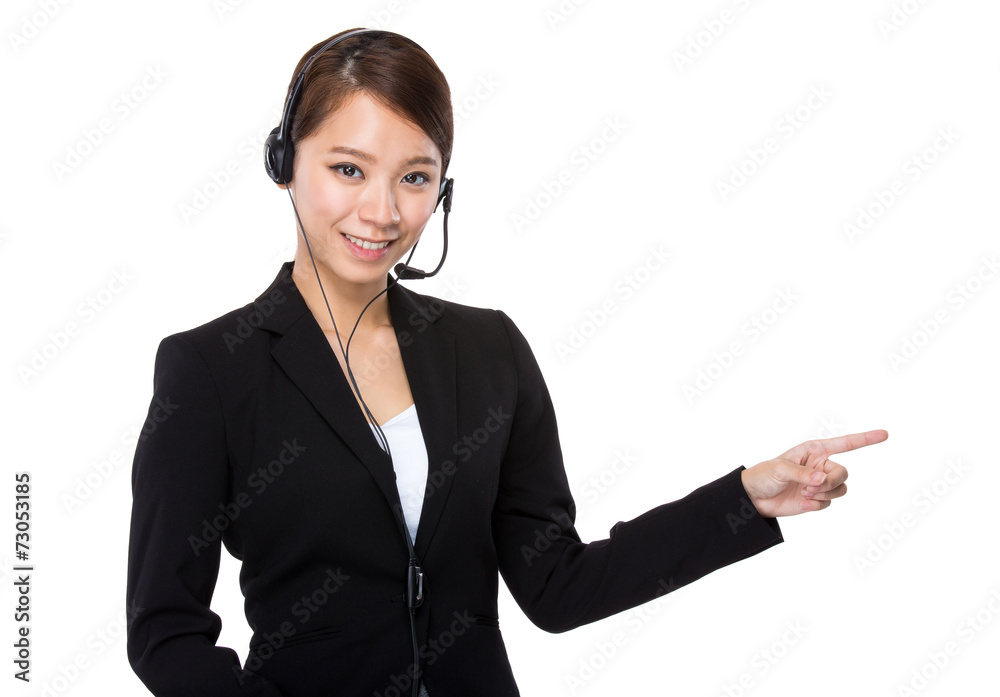 Customer services representative with finger up Customer services representative with finger up