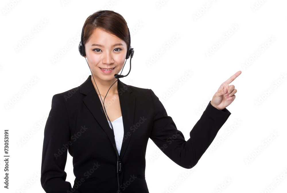 Customer services operator with finger point up Customer services operator with finger point up