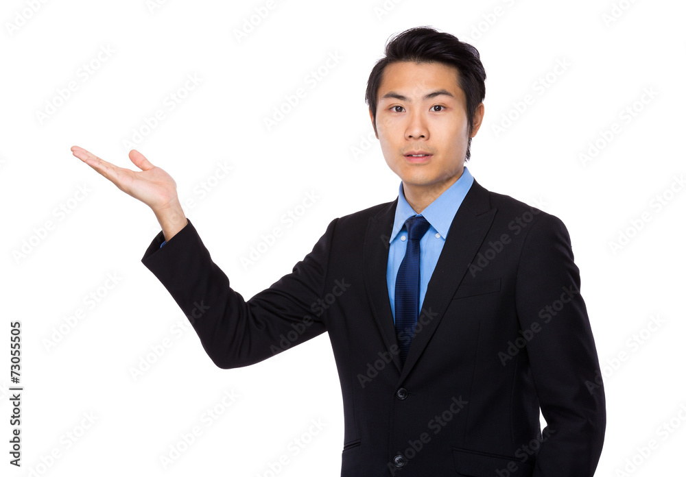 Businessman with hand show with blank sign Businessman with hand show with blank sign