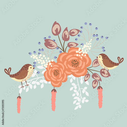 Birds and flowers - vintage background