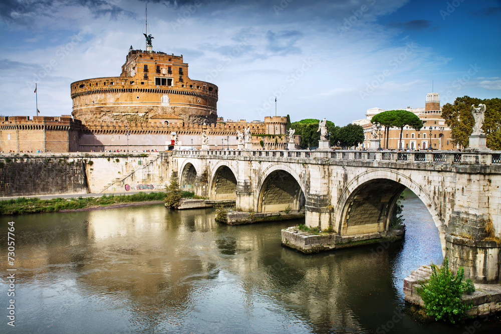 Saint Angel Castle and bridge over the Tiber river in Rome