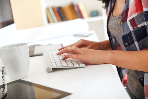 Attractive female working at home.Blogging. photo