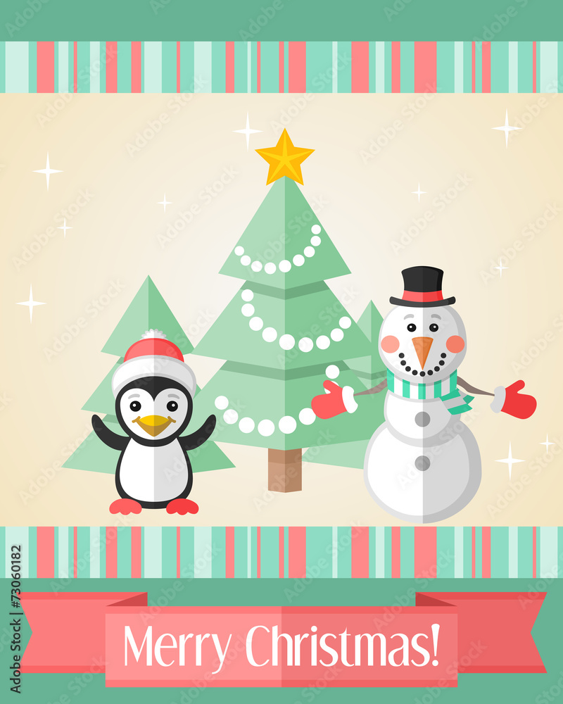 Christmas card with penguin and snowman and fir tree