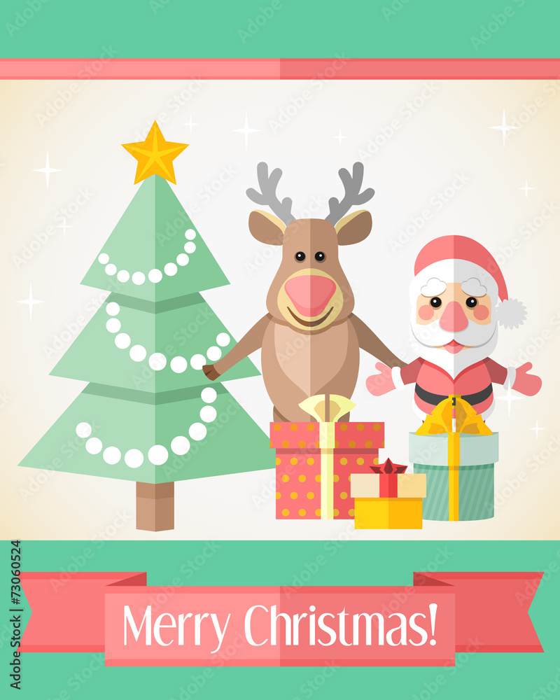 Christmas card with Santa Claus and reindeer and presents