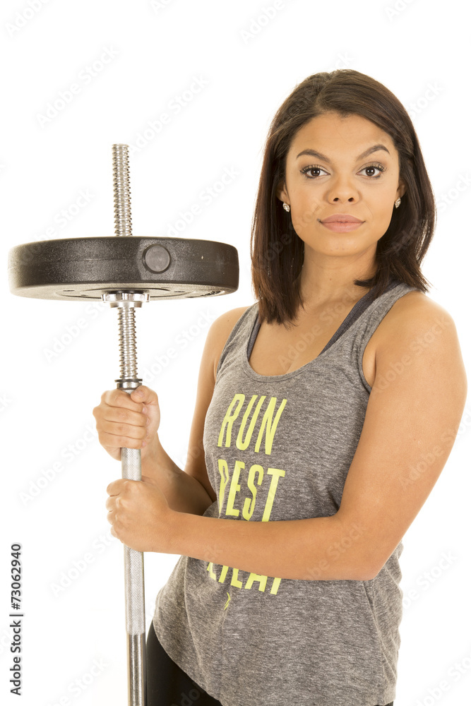 Hawaiian woman fitness stand with weight on bar Hawaiian woman fitness stand with weight on bar