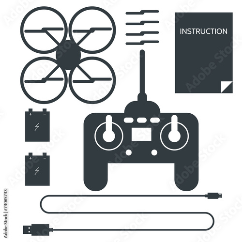 Complete set for quadrocopter. Flat icons vector collection.