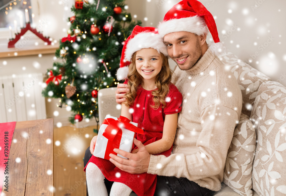 smiling father and daughter with gift box at home smiling father and daughter with gift box at home