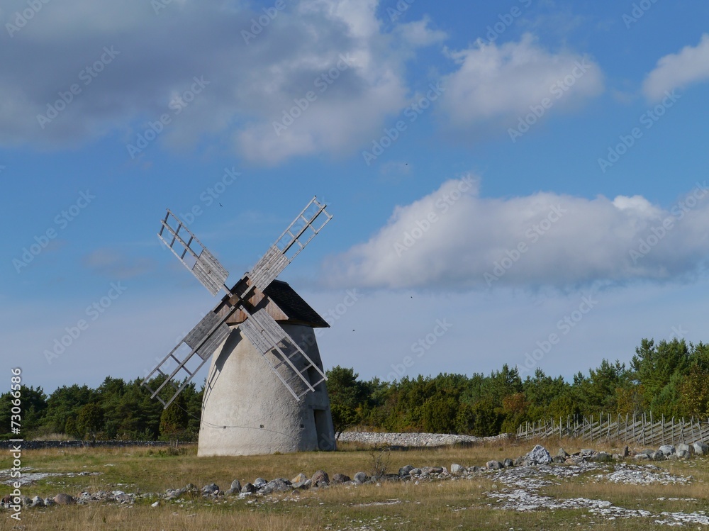 Historic wind mill on the Swedish island faroe in Sweden