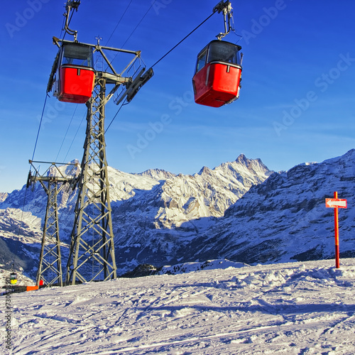 Cable railway on winter sport resort in swiss alps