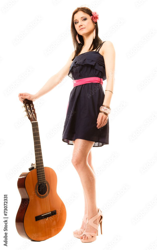 Music lover, summer girl with guitar isolated Music lover, summer girl with guitar isolated