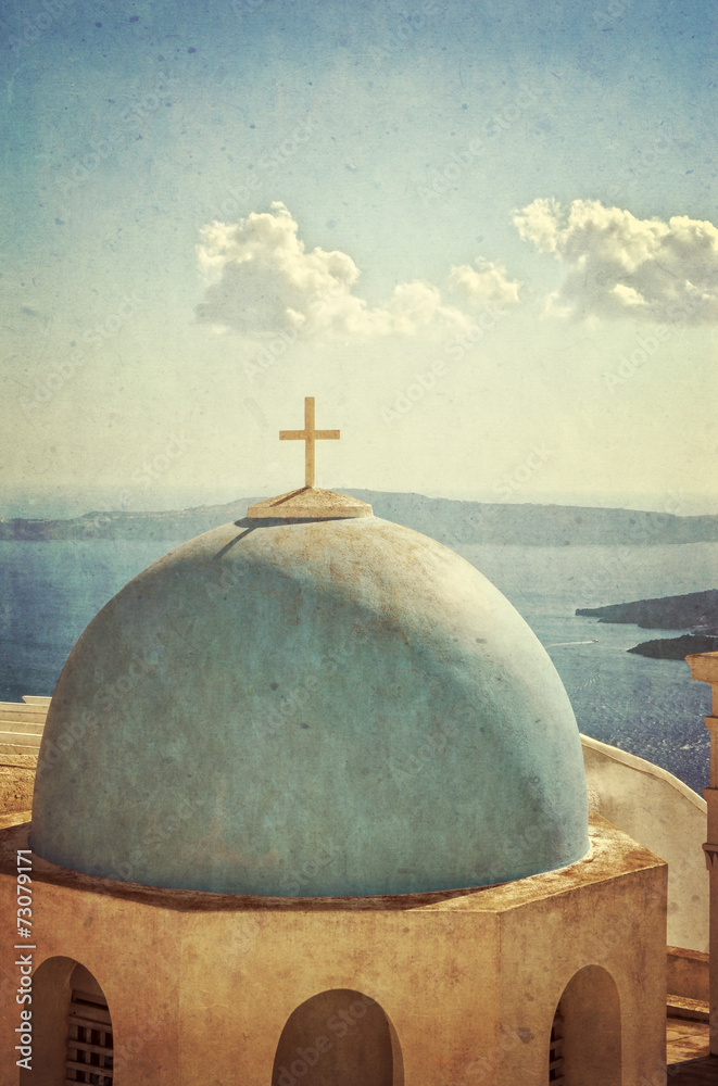 Vintage church and panorama - Santorini Greece - obrazy, fototapety, plakaty 