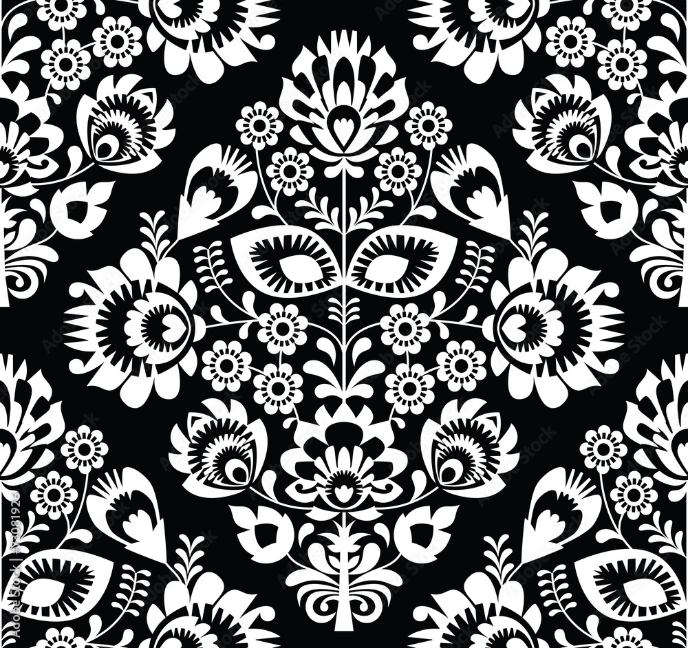 Polish folk art white seamless pattern on black - wzory lowickie Stock ...