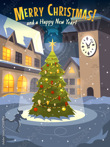 Christmas tree on rink in old town. Christmas card. Vector.