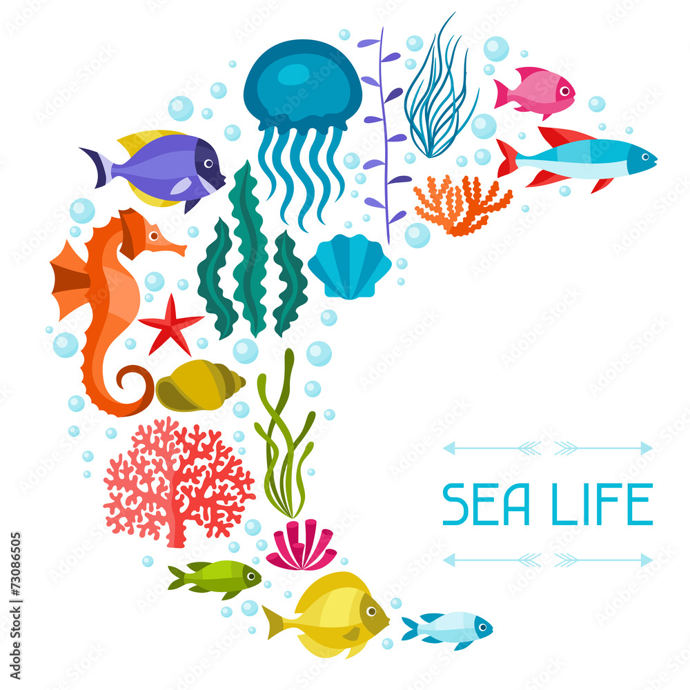 Naklejka premium Projekt tła życia morskiego ze zwierzętami morskimi.