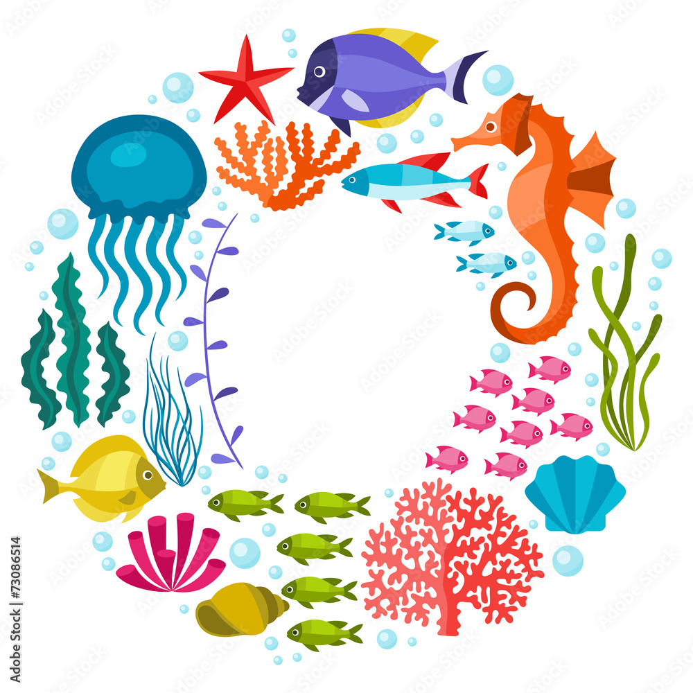 Fototapeta premium Marine life background design with sea animals.