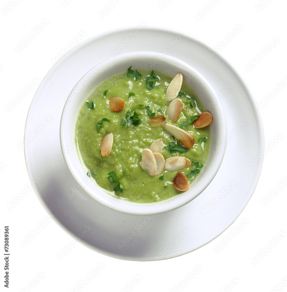 Pea soup with toasted almonds - obrazy, fototapety, plakaty 