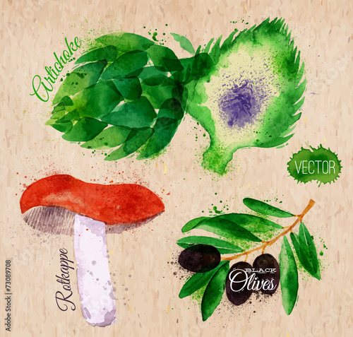 Vegetables watercolor rotkappe, artichokes, black olives on