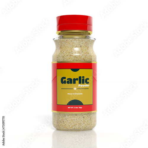 3D Garlic powder glass bottle isolated on white