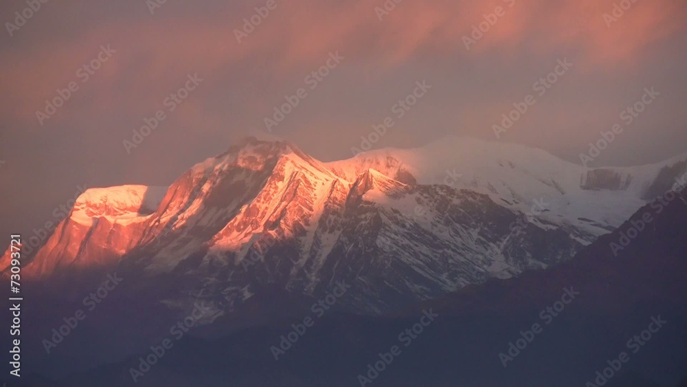 Panorama of Himalayas mountains at sunset. Nepal.