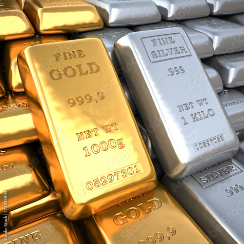Silver ingot and  gold bullion. Finance illustration