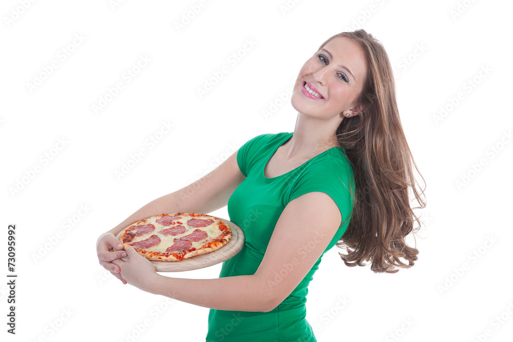  Frau ist glücklich mit Pizza Porträt
