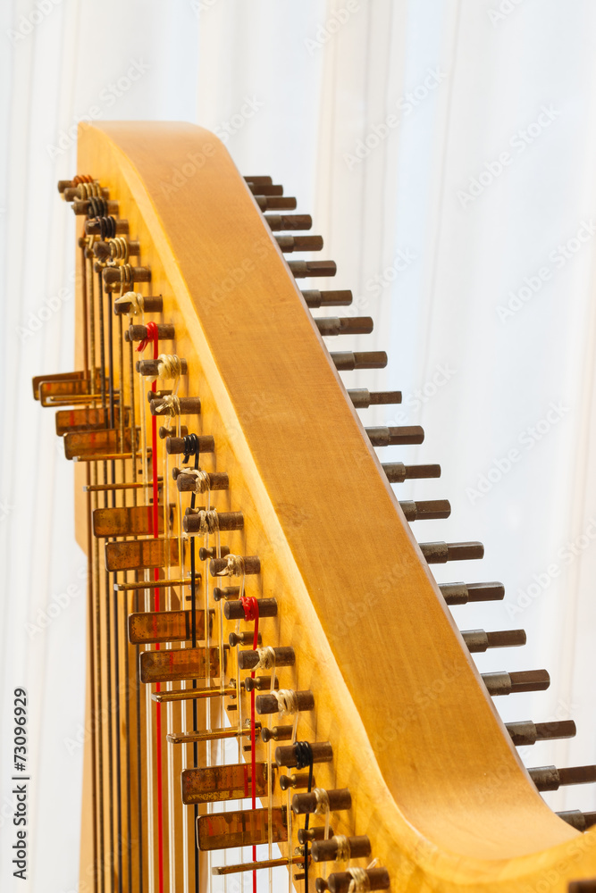 Celtic harp close-up string adjustment