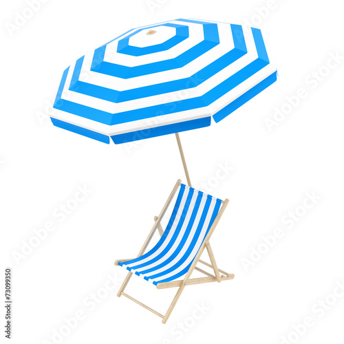 render of a deck chair with umbrella, isolated on white
