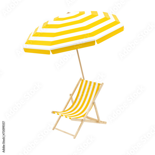 render of a deck chair with umbrella, isolated on white