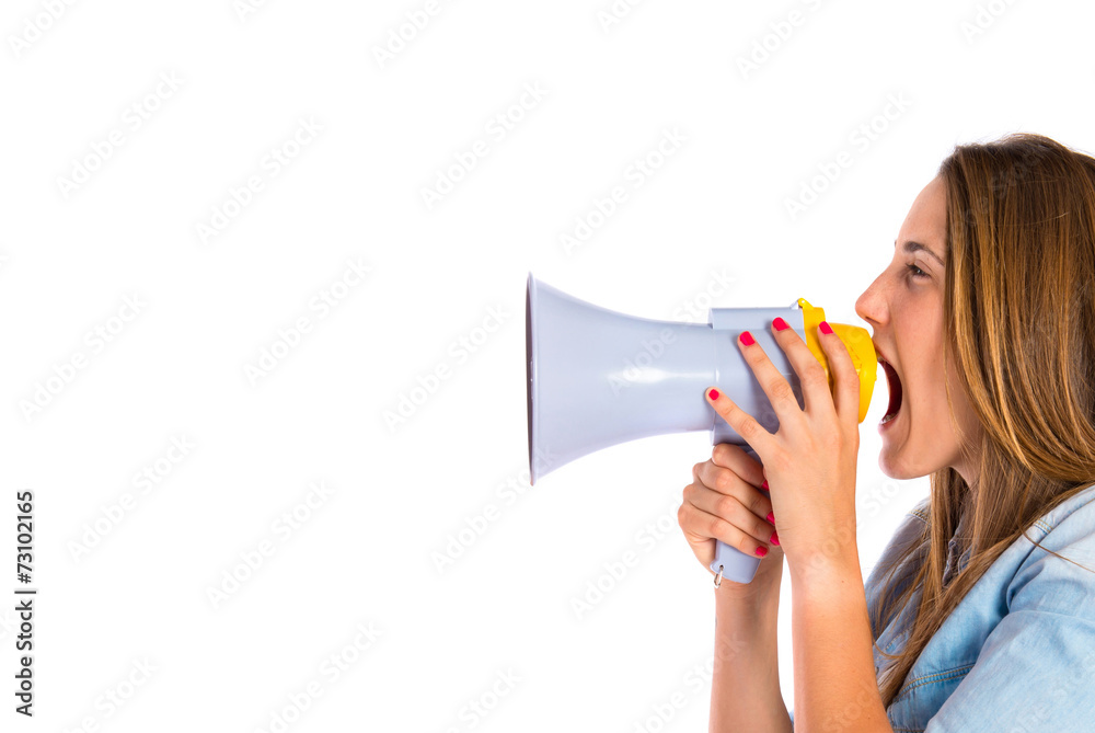 Girl photographing something over white Girl photographing something over white