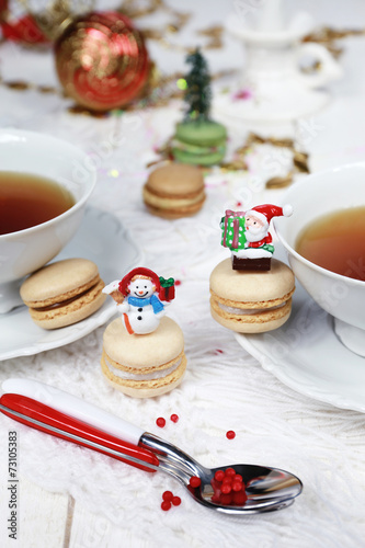 Photography Christmas tea party with macaroons, sweet meringue-based