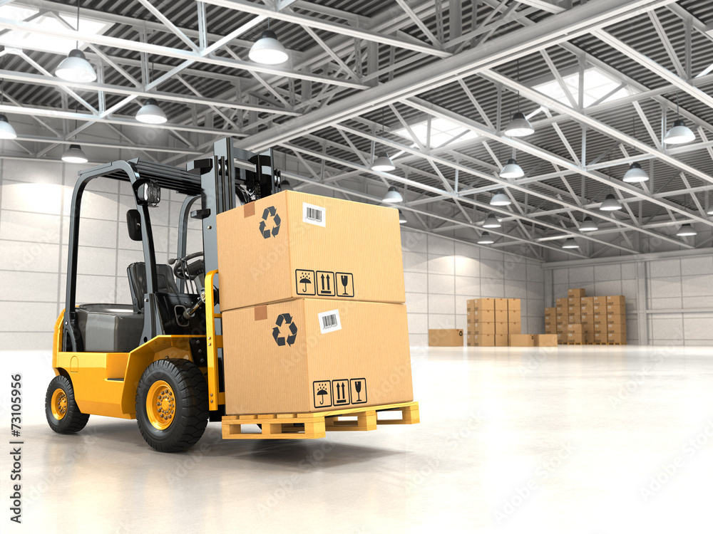 Forklift truck in warehouse or storage loading cardboard boxes. - obrazy, fototapety, plakaty 