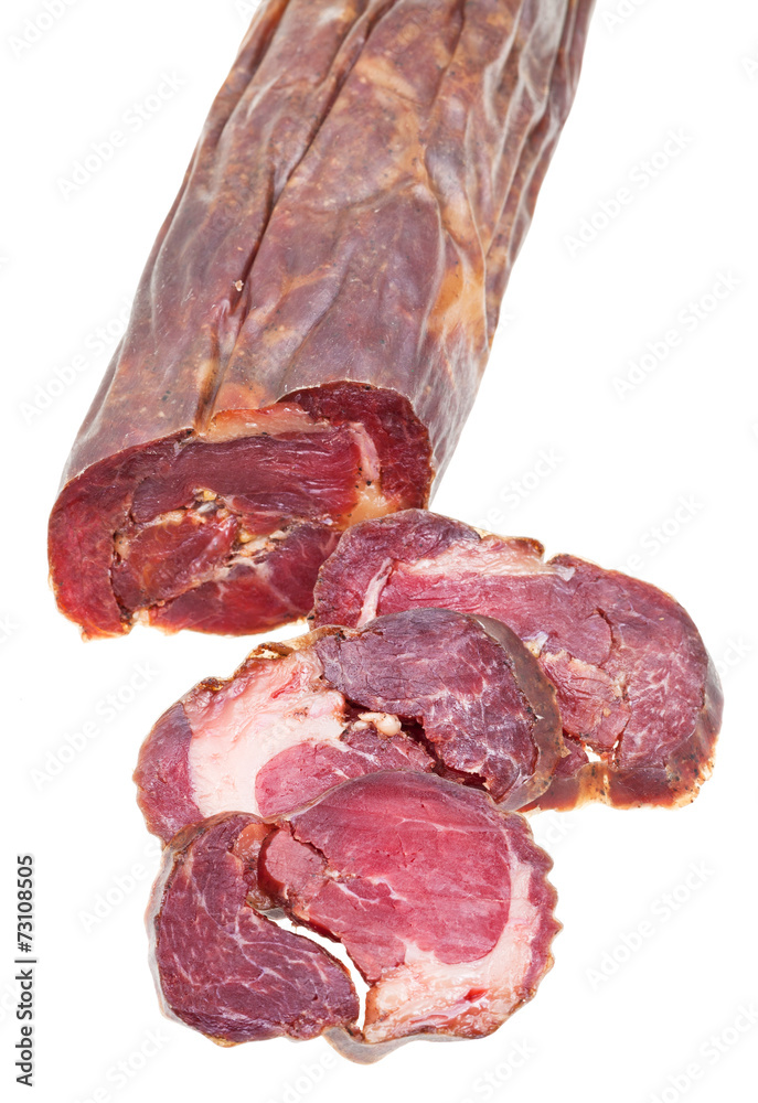 sliced horse meat sausage kazy close up isolated sliced horse meat sausage kazy close up isolated