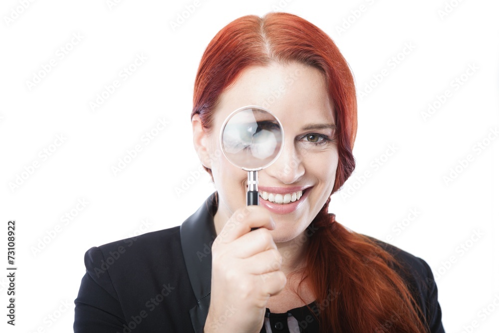 Pretty Businesswoman Spying with Magnifying Glass Pretty Businesswoman Spying with Magnifying Glass