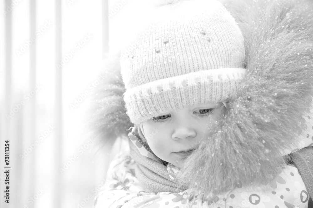 custom made wallpaper toronto digitalFunny cute baby girl with big blue eyes wearing a huge winter hat and a warm knitted jacket