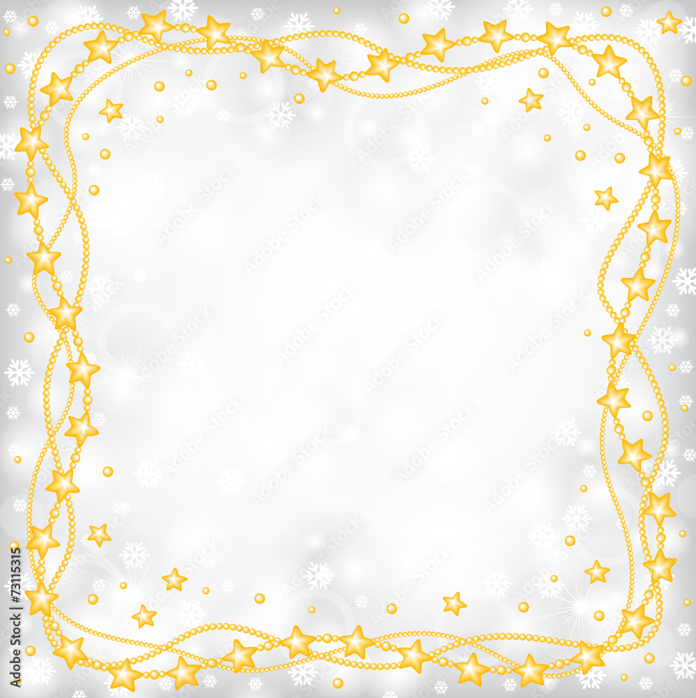 Christmas greeting frame of gold beads on blur gray background a Christmas greeting frame of gold beads on blur gray background a