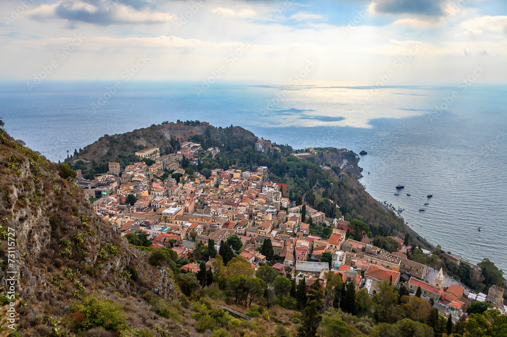 Overview of Town of Taormina and Mediterranean Sea