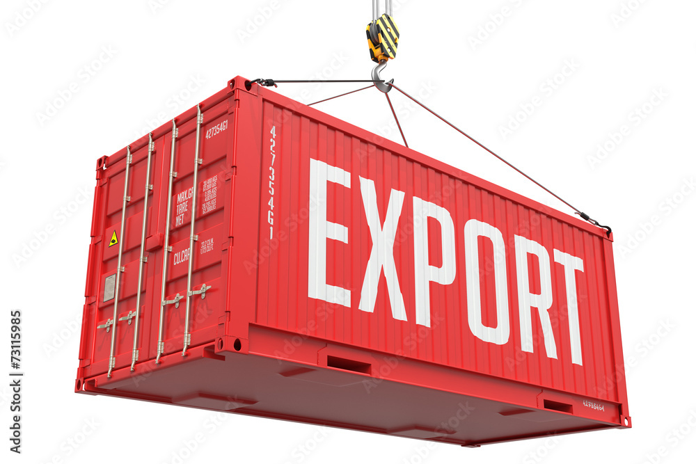 Export - Red Hanging Cargo Container. - obrazy, fototapety, plakaty 