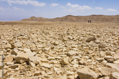 People walking stone desert.